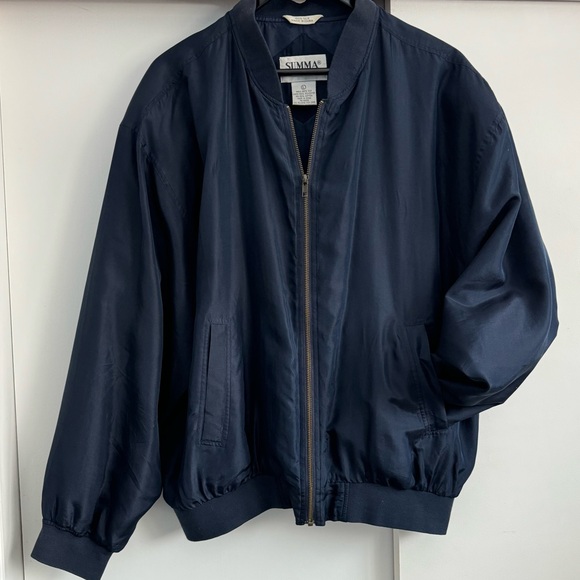 Pure Silk Vintage Bomber Unisex Zipper Up Navy Blue Slouchy Size L - Picture 4 of 9